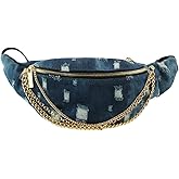 Le Miel Fanny Packs Denim Delight Jean Waist Pack Stylish Chic Belt Bag with Chain Accent for Women (LY104 Dark Denim)