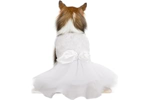 QBLEEV Dog Dress Tutu Skirt for Medium Girl Dogs Puppy，Sweet Dog White Princess Dresses with Bowknot and Rose Decor,Pet Lace Costume Summer Apparel Formal Clothes for Wedding Party Holiday, M