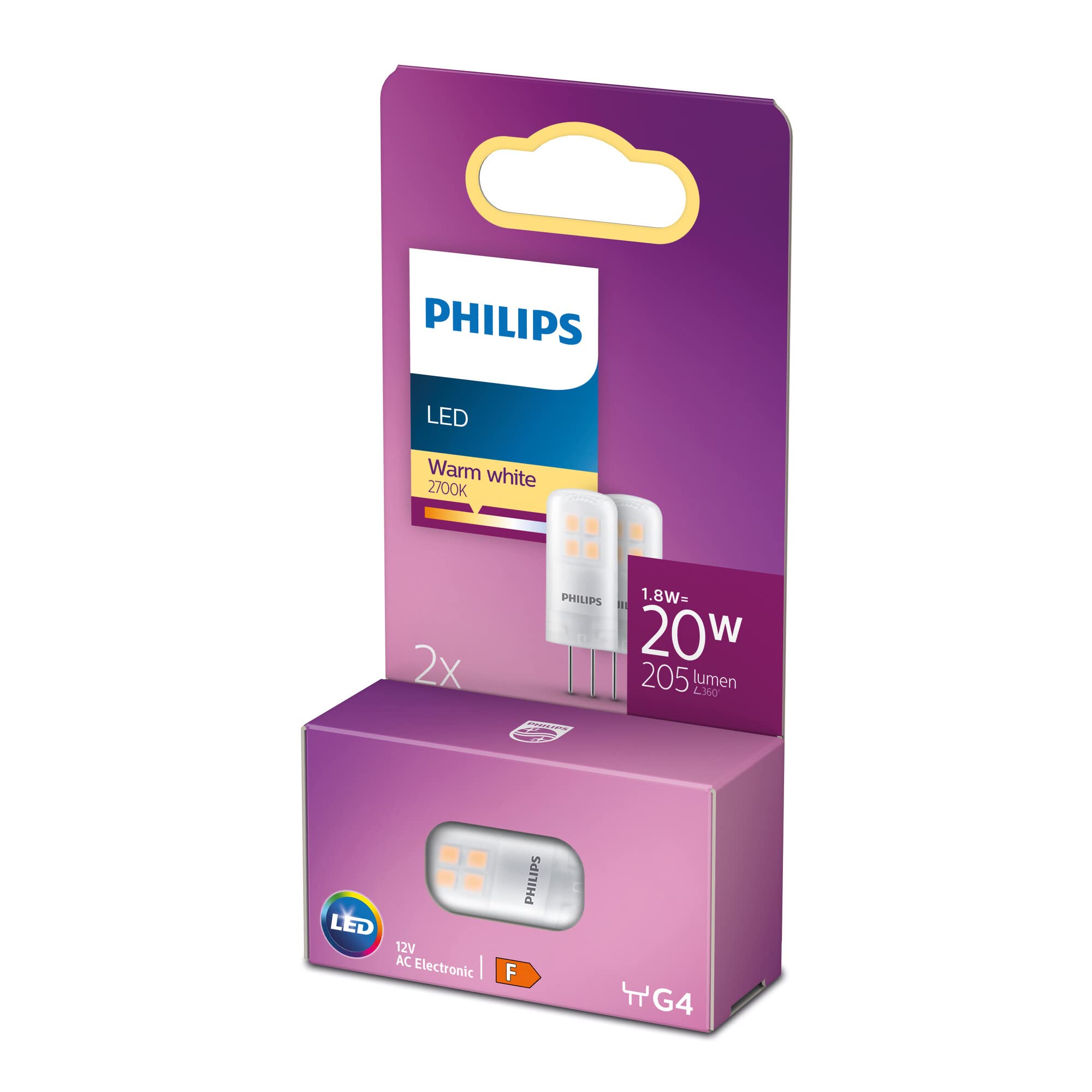 Philips LED Premium Light Capsule Spot 2 Pack [G4 Socket] 1.8W - 20W Equivalent, 12V, Warm White (2700K), Non-Dimmable