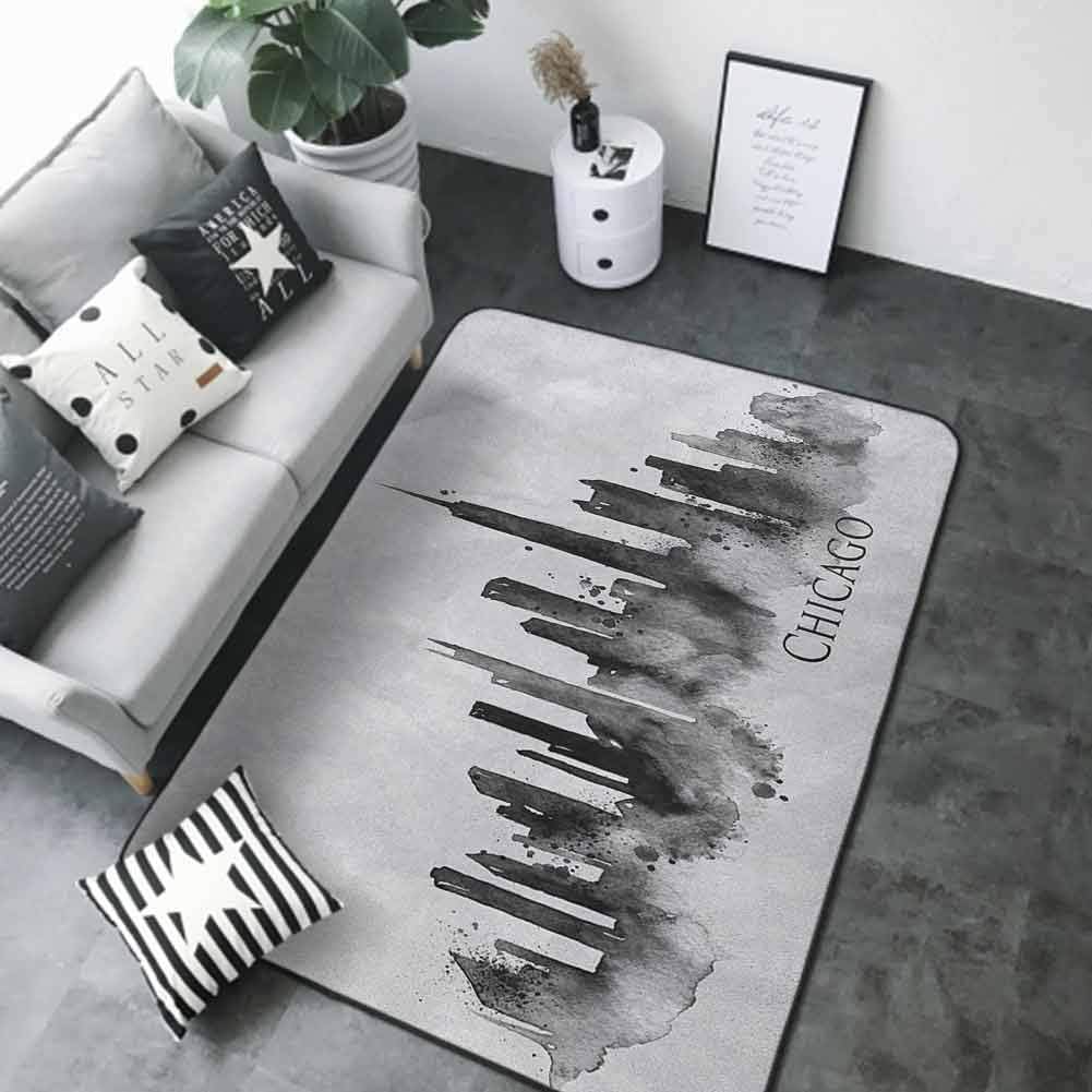 Large Floor Mats for Living Room Colorful Chicago Skyline,Watercolor Urban Landscape Grunge Brushstroke Effects Murky Image, Black Charcoal Grey 60"x 96" Silky Smooth Bedroom Mats