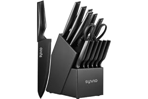 Knife Set, syvio 15pcs Knife Sets for Kitchen with Block and Sharpener, Razor-Sharp, Effortless Sharpening, Premium Kitchen K