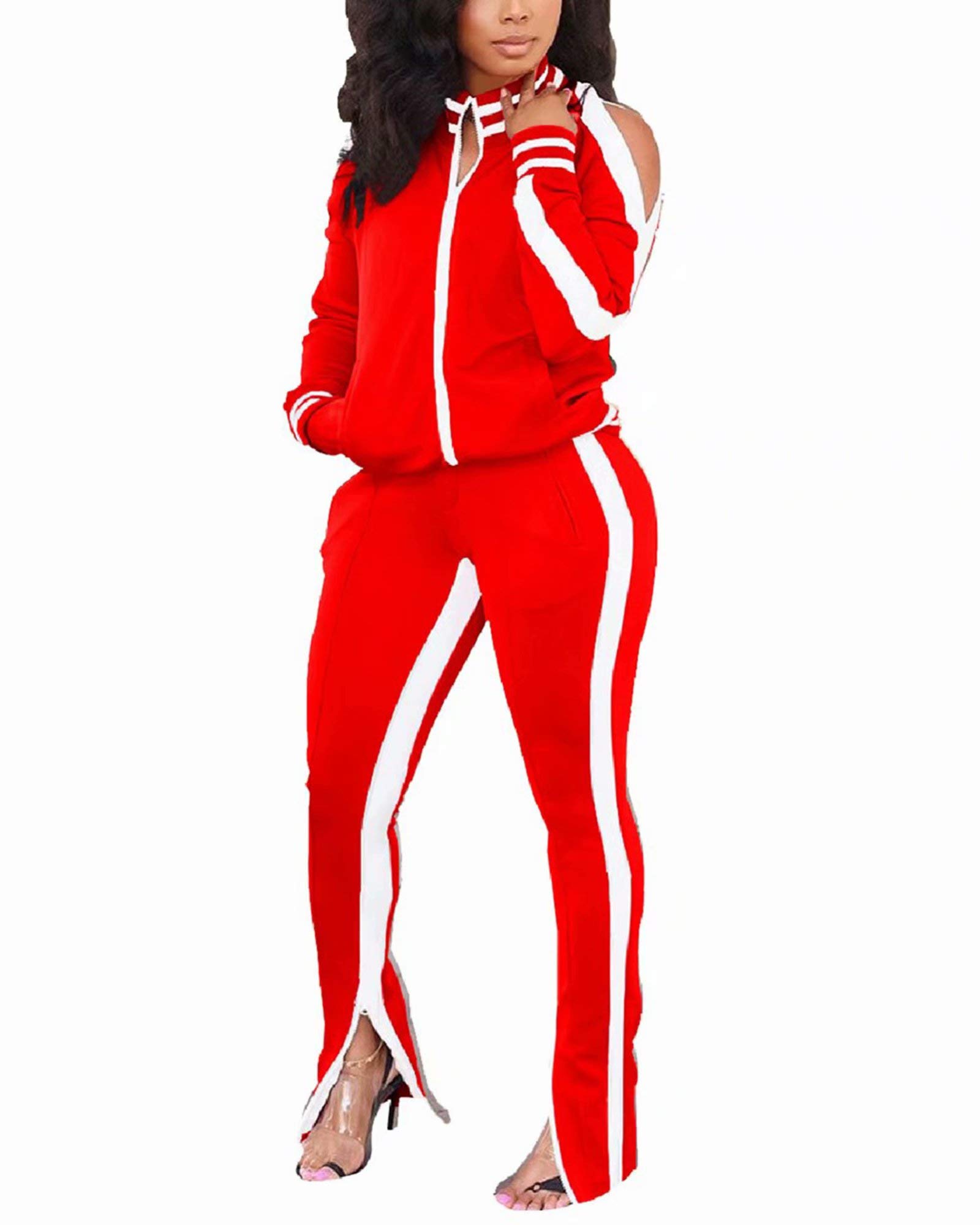 Womens Two Piece Outfits Cold Shoulder Bodycon Jacket Pants