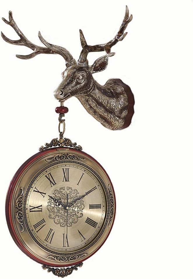 DZSW Wall Clock Double-Sided Clock Quartz Clock Deer Head Pure Copper Color Mute Decoration Home/Office/School Four Styles (Color : D)