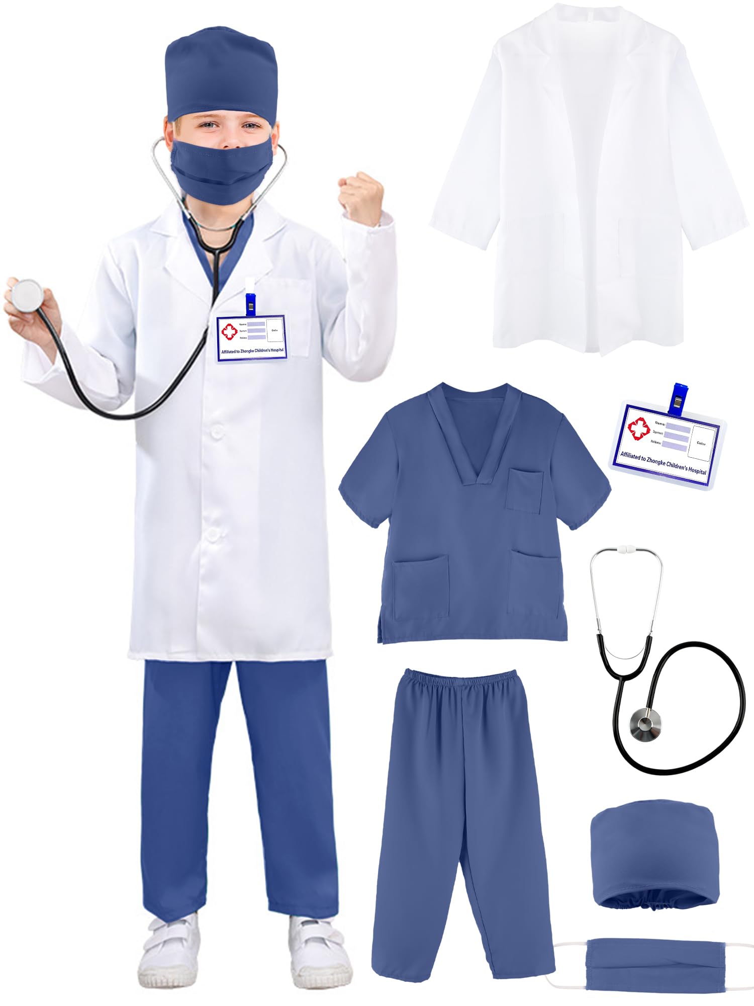 Puteraya Kids Doctor Costume Set Surgical Doctor Suit Kit Scientist Uniform with Stethoscope Toys for Boys Girls Dress Up Halloween Cosplay (Doctor Costume Set 4, 9-12 Years(140-150 cm)) — image 1