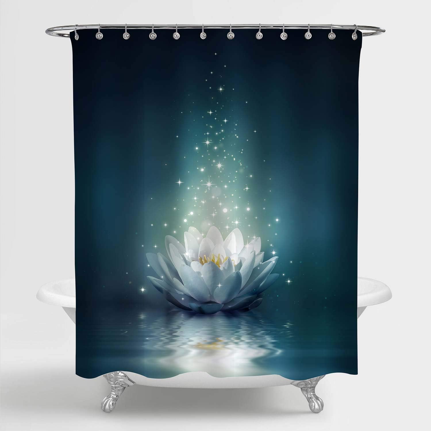 MitoVilla Magic Lotus Floral Shower Curtain, Glowing Waterlily Floral Floating on Pond Water Artwork for Oriental Zen Spa Bathroom Decor, Fairytale Gifts for Women and Girls, Dark Teal, 72" W x 72" L