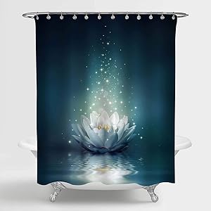 MitoVilla Magic Lotus Floral Shower Curtain, Glowing Waterlily Floral Floating on Pond Water Artwork for Oriental Zen Spa Bathroom Decor, Fairytale Gifts for Women and Girls, Dark Teal, 72" W x 72" L