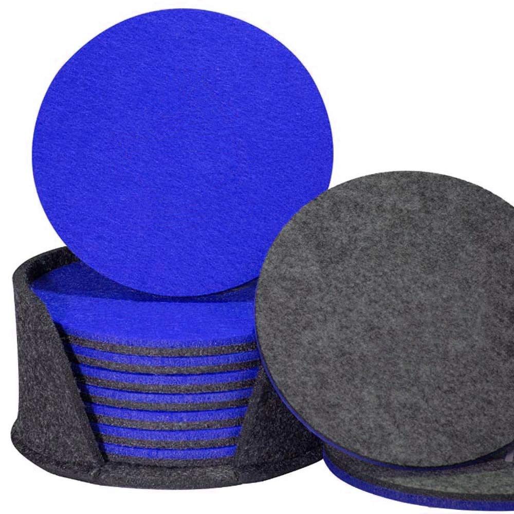 Felt Coasters Set of 8 with Coaster Holder, Double Sided Plain Round Coasters for Drinks, 5mm Thick Felt Highly Absorbent Cup Mats (Blue, Grey)