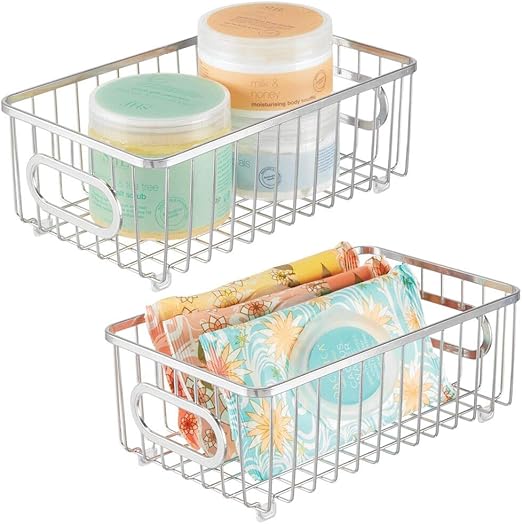 Amazon Com Mdesign Metal Bathroom Storage Organizer Basket Bin Modern Wire Grid Design For Organization In Cabinets Shelves Closets Vanity Countertops Bedrooms Under Sinks Small Wide 2 Pack Chrome Home Kitchen