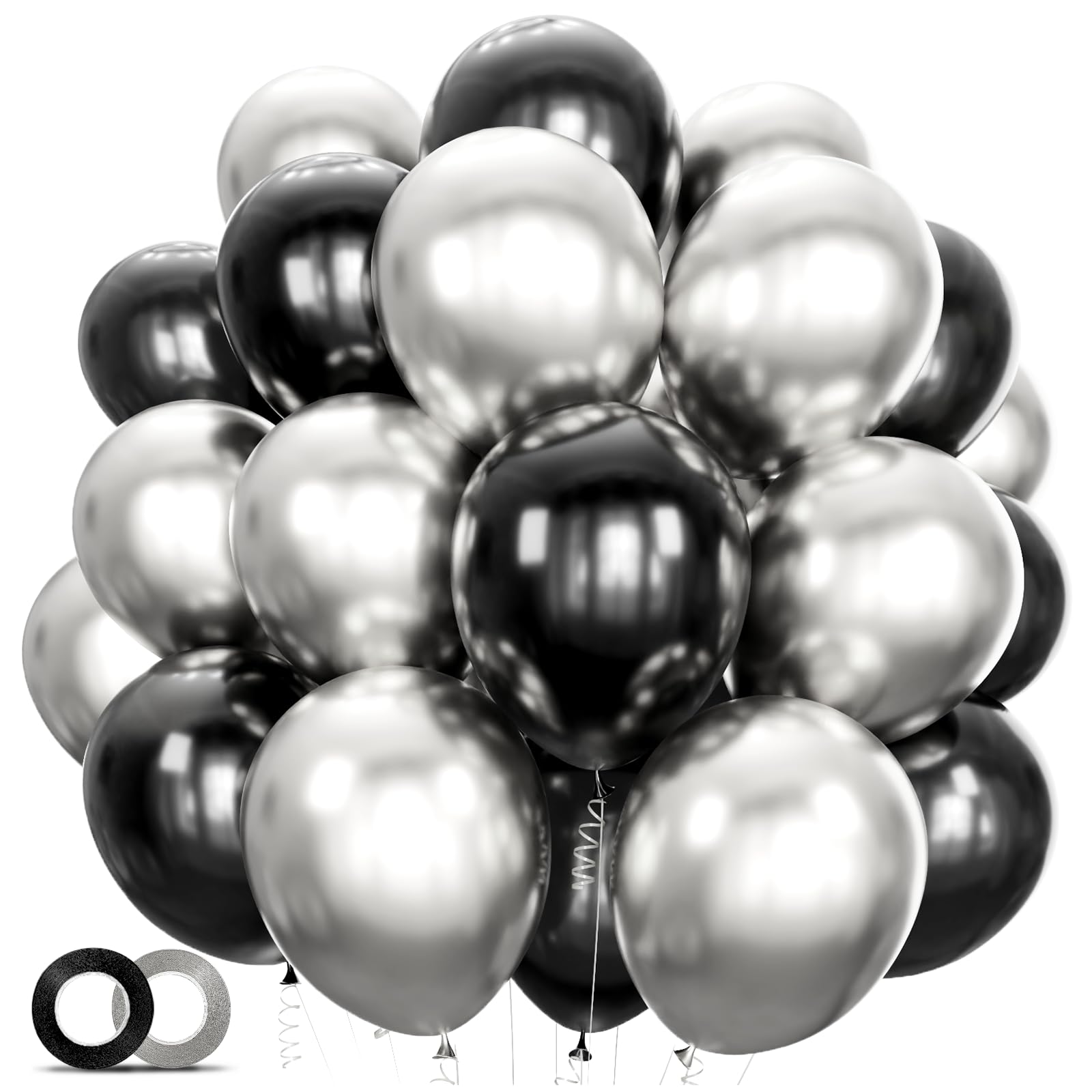 Photo 1 of 100pcs Black and Silver Balloons 12 Inch Metallic Silver and Black latex Party Balloons for Birthday Graduation Engagement New Year's Eve Party Decorations