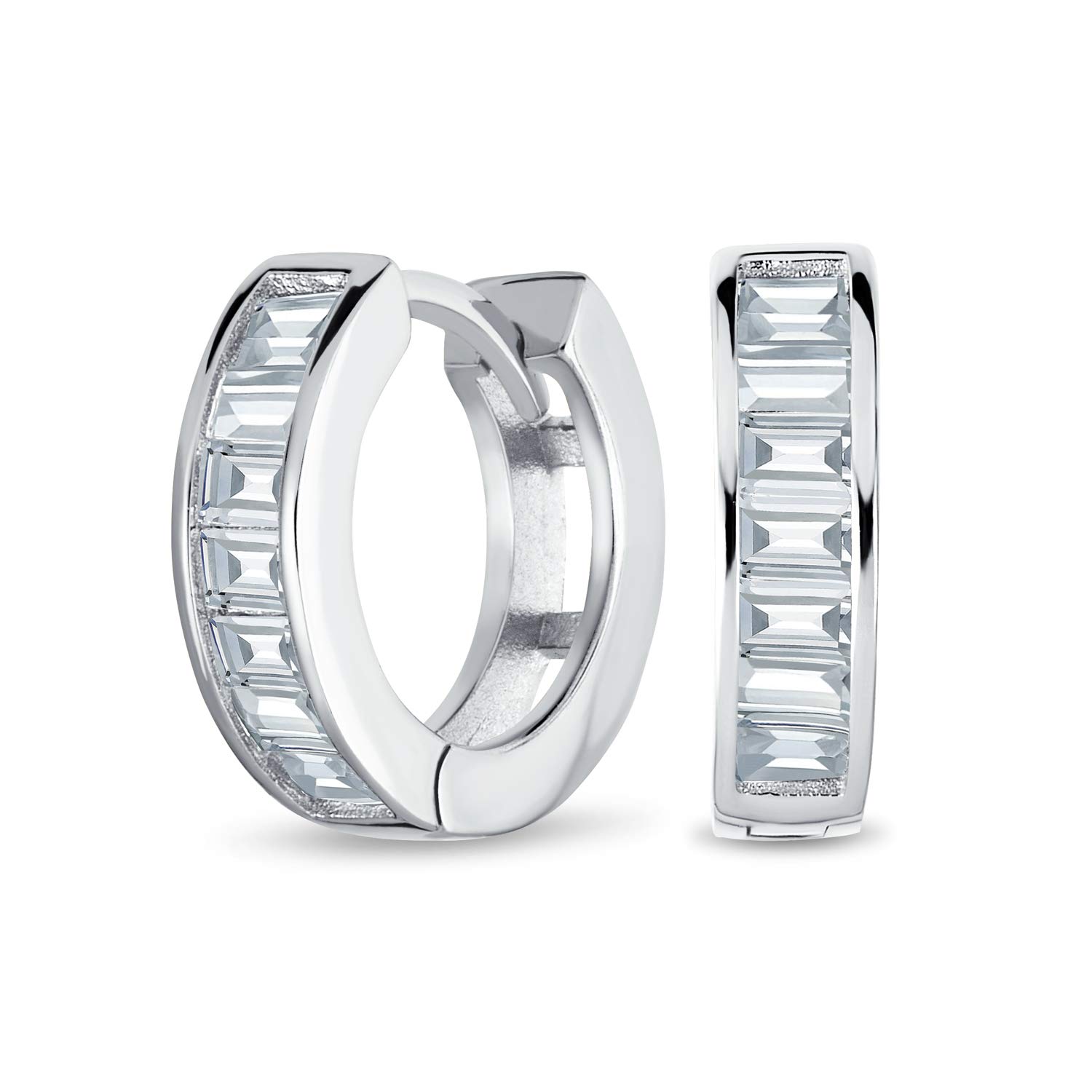 Bridal Classic Baguette Cut CZ Channel Set Kpop Huggie Hoop Earrings For Women Men Clear Cubic Zirconia .925 Sterling Silver — image 1