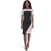 Tommy Hilfiger Women's Short Sleeve Studded Asymmetrical Hem Scuba Crepe Sheath Dress