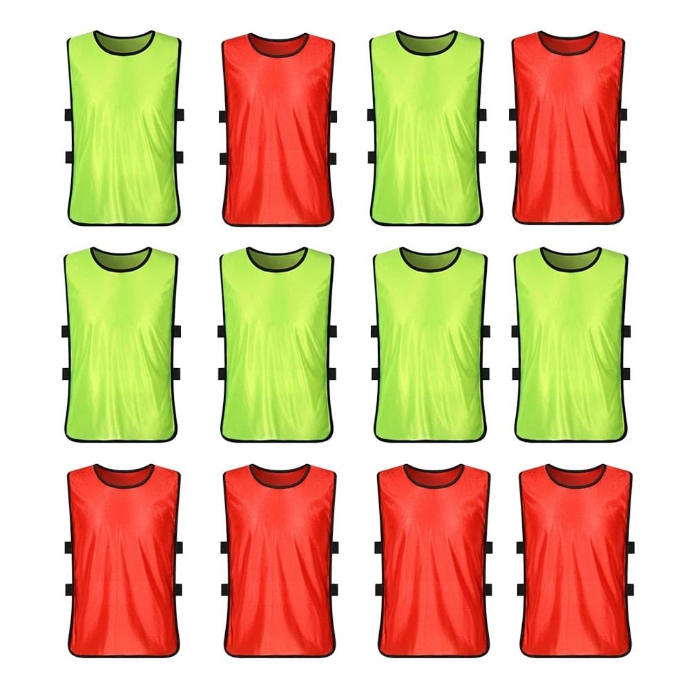 VORCOOL 12Pcs Kids Football Training Bibs Mesh Sleeveless Tank Top Football Soccer Rugby Team Practice Vests - Size S (Fluorescent Green + Red)