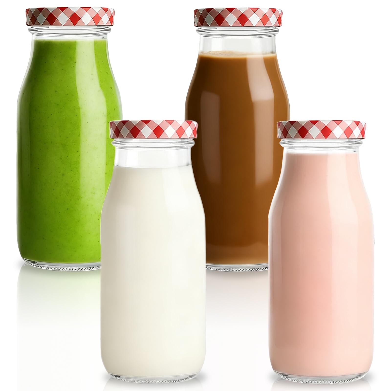 MEETOZ 4Pcs 250ml Glass Milk Bottles,with Pretty Gingham Lids Reusable Milk Bottle for Juices, Dressings, Sauces, Beverages, Decoration and Storage