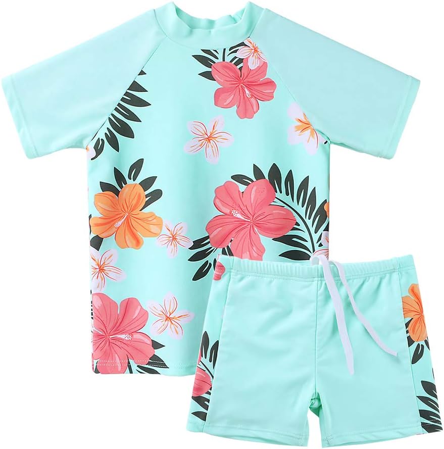 ZNYUNE Toddler Girls Rash Guard Short Sleeve Two Piece Swimsuits for Girls Swimwear Kids Surfing Suit UPF 50+ 3-10 Years