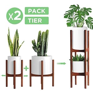 2 Pack Indoor Plant Stands, 2 Tier Tall Mid Century Modern Plant Stand (30 inches in Height), Adjustable Width 8 to 12 inches, Fits Pot Size of 8 9 10 11 12 inches (Pot & Plant Not Included), Brown
