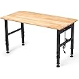 48" Height Adjustable Workbench, 2000 LBS Load Capacity Rubber Wood Top Workstation with Power Outlet and Foot Pads, Heavy-Duty Hardwood Worktable for Garage Workshop (with Foot Pads and Socket,48'')