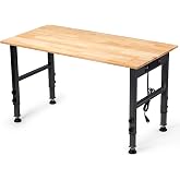 GVGBUK 48" Adjustable Workbench, Work Table with Foot Pads &amp; Power Outlet | 2000LBS Load Capacity Rubber Wood Top Workstation, Heavy-Duty Craft Table for Garage Workshop