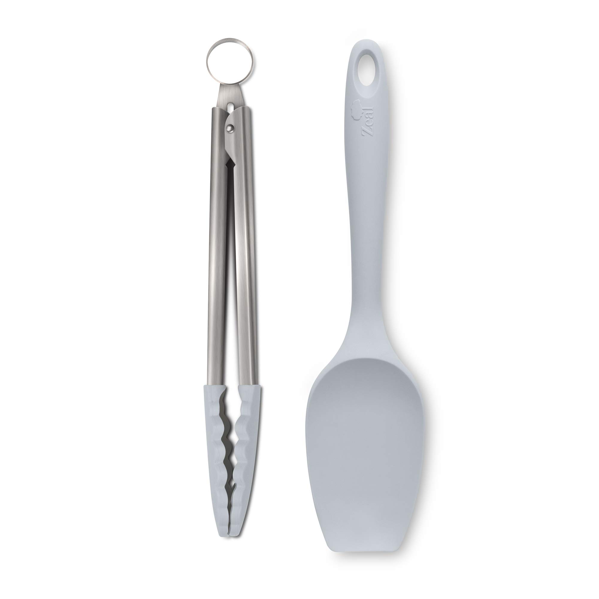 Zeal JSET11S Non-Stick Silicone Large Spatula Spoon & Cooking Tongs 2-Piece Set-French Grey