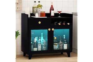 COCO DESIGN Small Wine Cabinet with Glass Doors, Modern Liquor Bar Cabinet with LED Light for Alcohol, Farmhouse Buffet Coffee Sideboard with Storage for Kitchen, Black