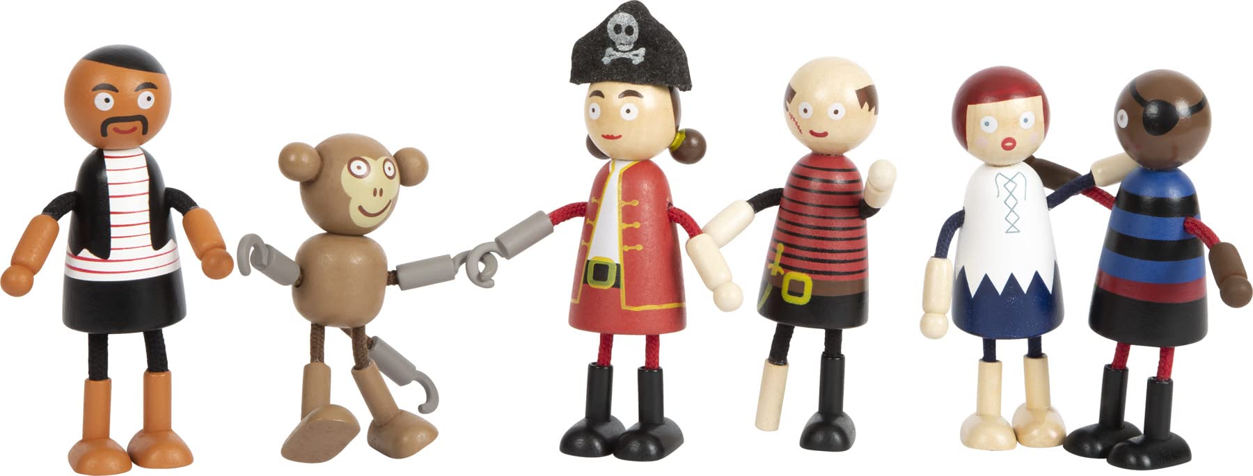 Small Foot Wooden Pirate Bending Dolls, 5 pirates and 1 monkey, richly detailed and flexible, ages 3+ years, 12412
