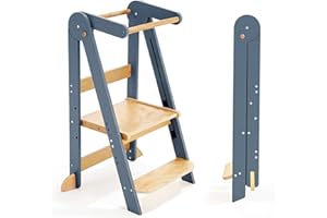 TDKDHOMING Foldable Toddler Tower Preassembled Kitchen Stool Helper, Folding Tower for Learning with 3 Adjustable Heights Montessori Toddler Standing Tower Kids Collapsible Wooden Step Stool, Light Gray