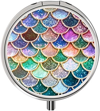 Pill Box, Round Stainless Drug Case with Three Compartment, Custom Medical Kit Storage for Travel Purse Pocket - Glitter Mermaid