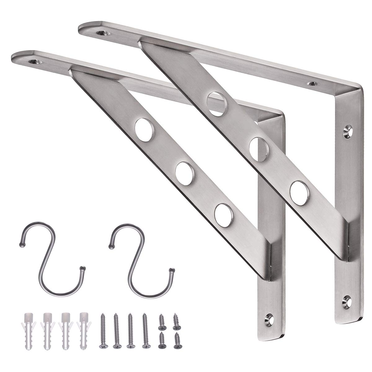 YUMORE Heavy Duty Shelf Bracket 250x180mm Triangle Shelving Brackets Stainless Steel Right Angle Floating Countertop Support Joint Corner Brackets Wall Mounted, with 2X S Hooks, Max Load 330lbs, 2pcs — image 1