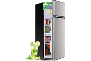 DEMULLER DEMULELR 4.5Cu.ft Refrigerator with Freezer Two Door Fridge with Removable Glass Shelves, Crisper Drawer & Extra Drink Space, LED Light, Apartment Size Fridge for Dorm Silver