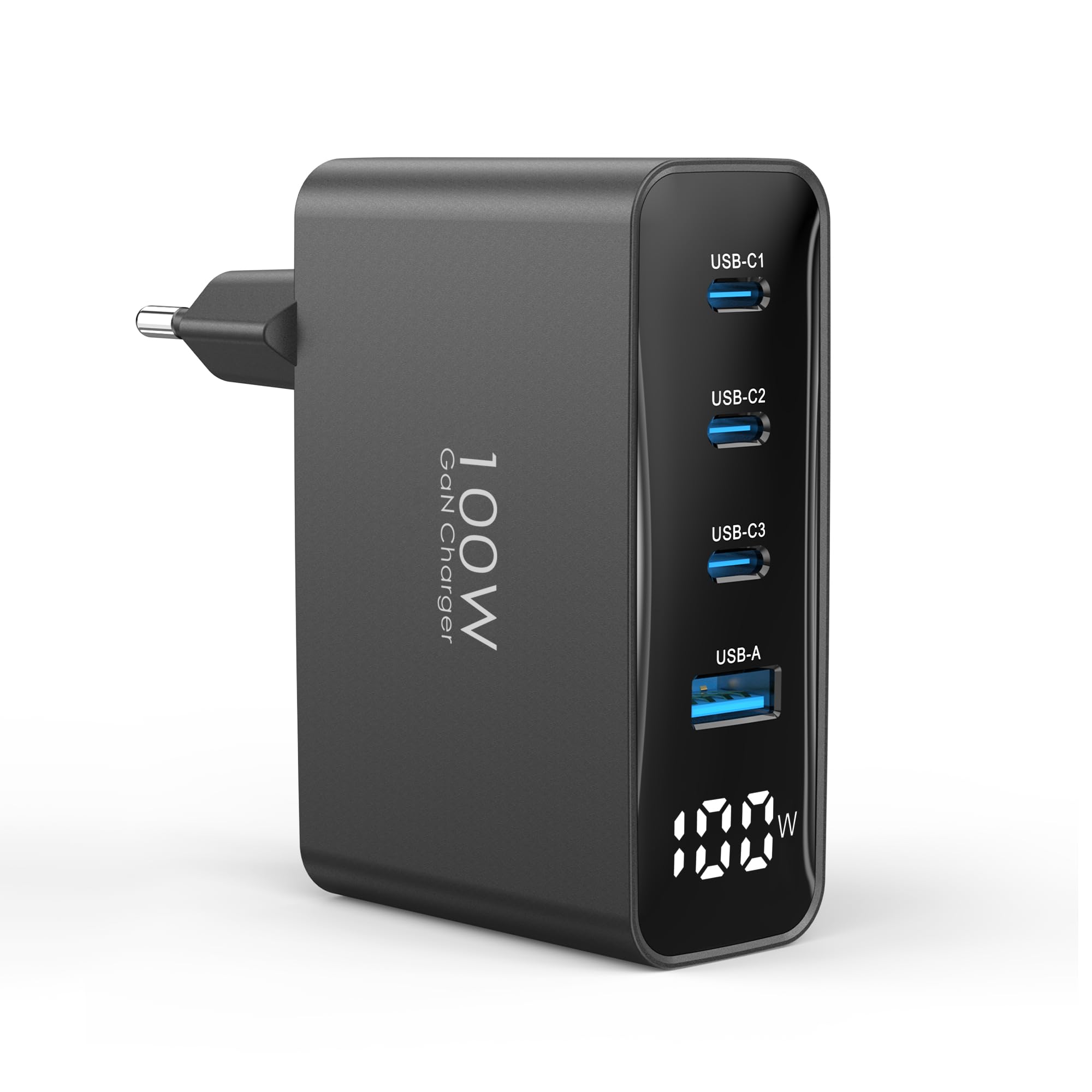 100W USB C Ladegerät, 4-Port Schnellladegerät mit LED Display, USB-C Netzteil GaN Charger PD/PPS für MacBook Pro/Air, für iPhone 17/16 Pro/iPad, Galaxy S25/S24, für HP/Lenovo/Acer/Lpatop, Schwarz