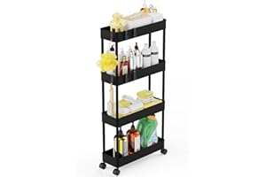 LEHOM 5.3" Slim Storage Cart - 4 Tiers Bathroom Organizer Mobile Shelving Unit Storage Rolling Utility Cart Slide Out Organizer for Kitchen Bathroom Laundry Narrow Places