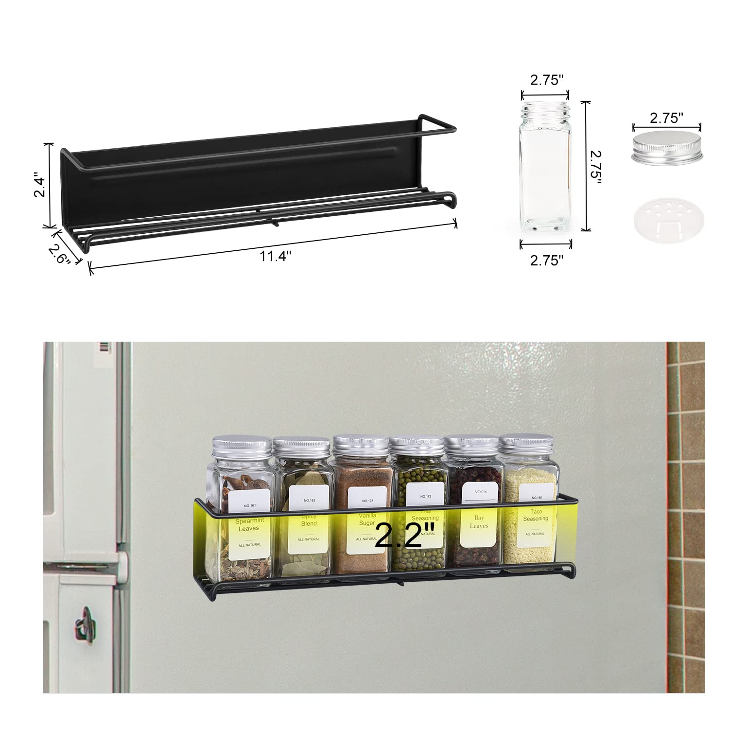 KitHero 4 Pack Magnetic Spice Rack for Refrigerator with 24 Spice Jars, 216 Spice Labels,1 Funnel-Full Set Spice Organizer, Space Saver Seasoning Organizer, Metal Kitchen Organization, Kitchen Gadgets