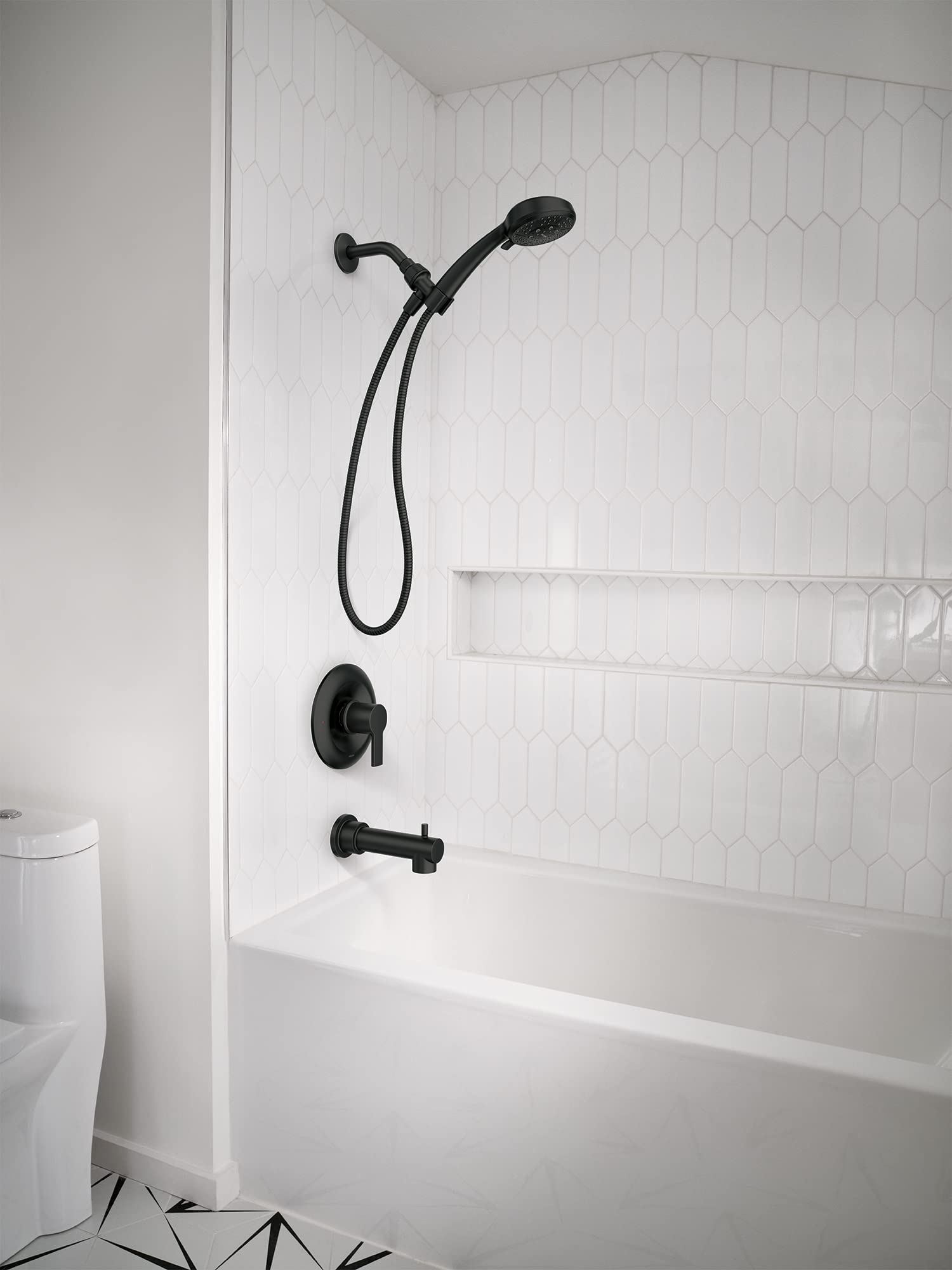 Moen Meena Matte Black Single Handle Modern Shower Faucet Set with Handshower and Tub Spout for Bathtub, Valve Included, 82618BL