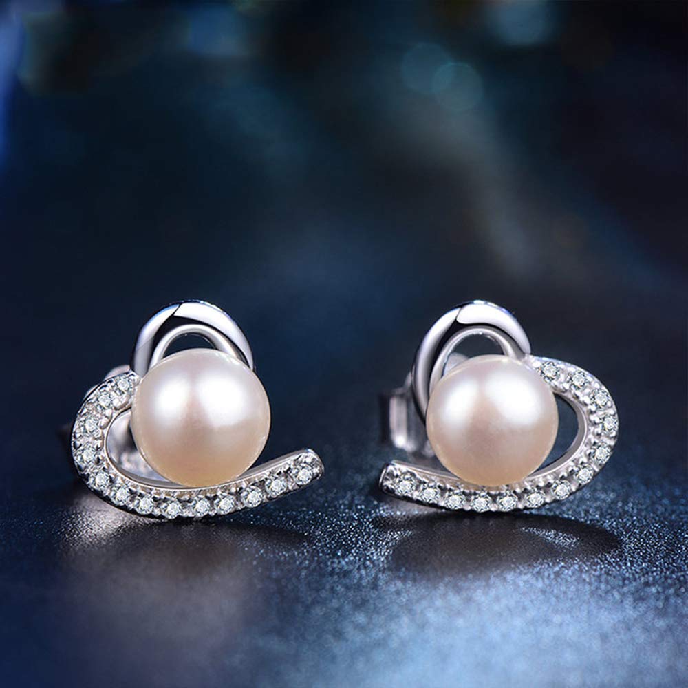 Damen Herz Zirkonia Ohrringe 6mm Süßwasser Taste weiß Perlenohrringe 925 Silber Ohrstecker mit Geschenkbox