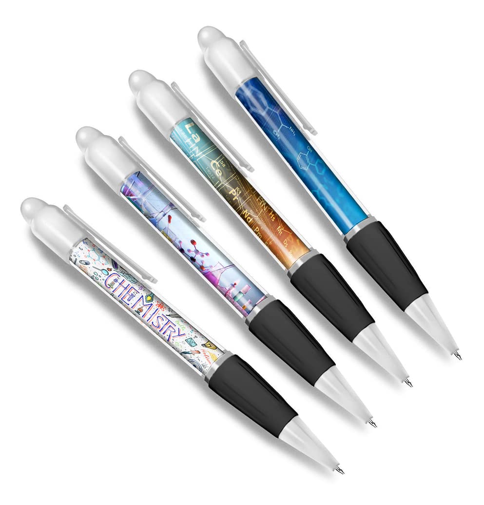 DV DESIGN Set of 4 Chemistry White Ballpoint Pens - Science Periodic Table Teacher Student Teenager Themed Boys Girls Men Women Pen #79324