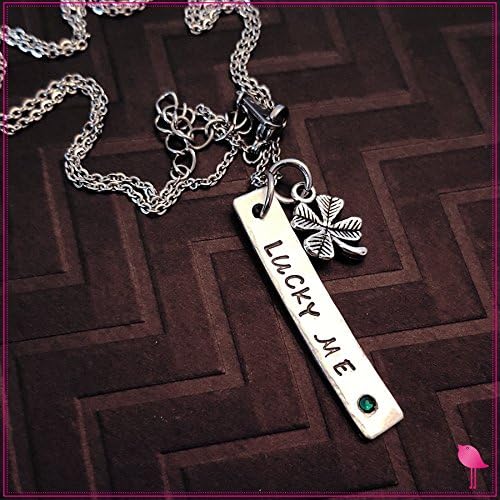 Lucky Me Handstamped Charm Necklace Green Crystal Inlay