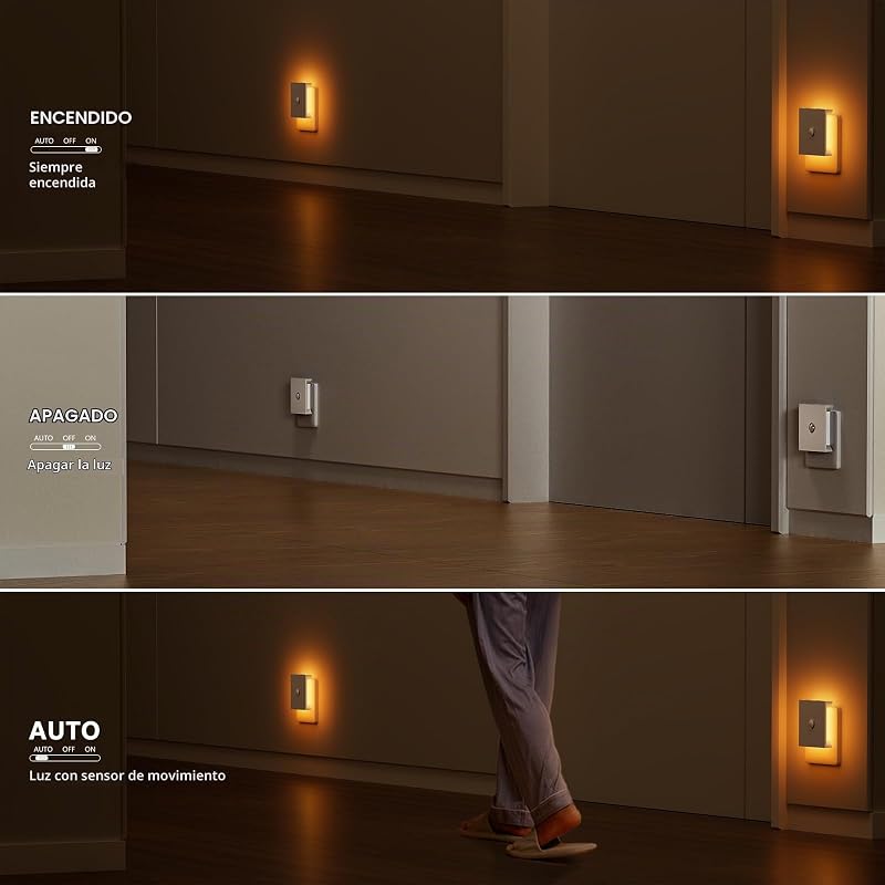 Luz Nocturna con Sensor de Movimiento, 2 Piezas Luz Nocturna Infantil Enchufe Regulable con 3 Modos, Brillo Ajustables para Habitación de Niños, Baño, Pasillo, Cocina, Escaleras — foto 2 de 7