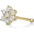 Lavari Jewelers 22 Gauge White Cubic Zirconia Straight Bone Flower Nose Ring in 14k White or Yellow Gold Straight Stud I 4.5mm Hypoallergenic Nostril Piercing Jewelry I CZ 22G Body Piercing