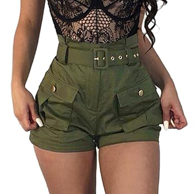 Damen Hosen Sommer Elegant LHWY Frauen Mädchen Shorts Taschen Wide-Bein Grün Kurz Shorts Latzhose Overalls mit Gürtel High Wa