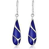 AeraVida Vintage Streaked Teardrop Simulated Blue Lapis Lazuli .925 Sterling Silver Dangle Earrings | Shiny Fish Hook Earrings | 9x45mm Lightweight Gift Jewelry for Women