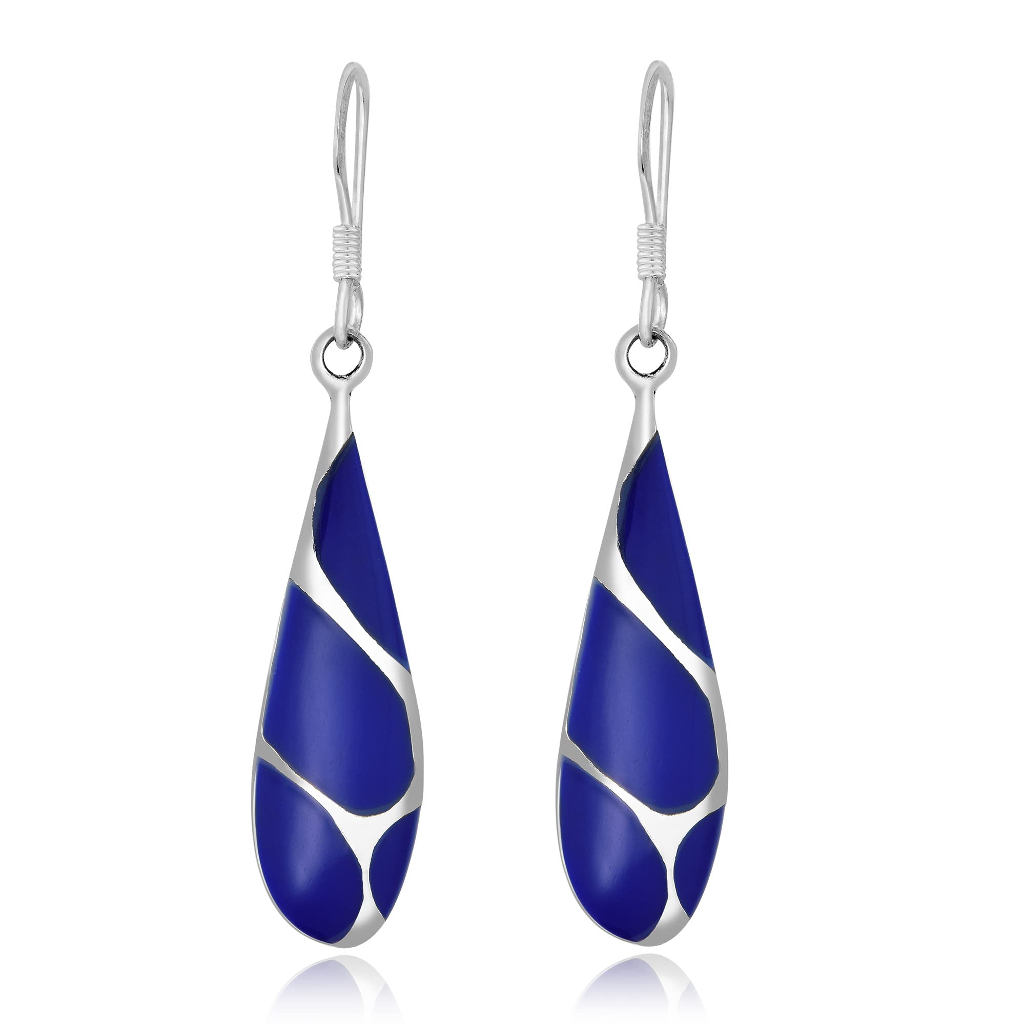 Vintage Simulated Blue Lapis-Lazuli Streak Teardrop .925 Sterling Silver Dangle Earrings