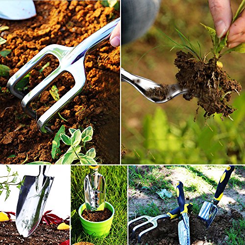 Anpress 5 Piece Gardening Tools Set Including Trowel, Transplanter, Cultivator, Weeder, Weeding Fork, Garden Tools with Heavy Duty Cast-Aluminum Heads & Ergonomic Handles