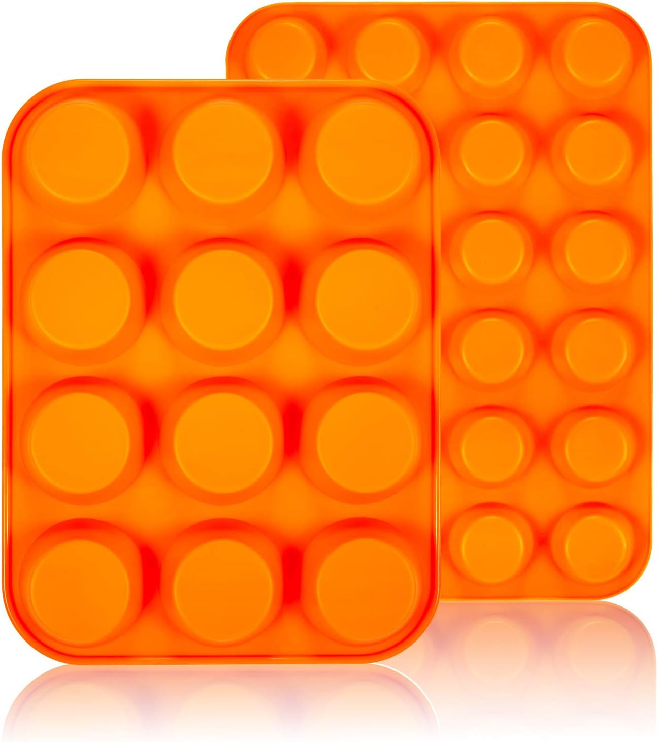 WARMWIND Silicone Muffin Pans, Non-Stick Cupcake Mold Including Mini 24 Cups, 12 Regular Cups, BPA Free Silicone Bakeware Tray, Dishwasher Safe (2 Pack, Orange)