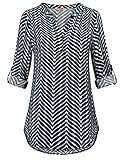 MCKOL Casual Tops For Women, Ladies Split V Neck Flowy 3/4 Cuffed Sleeve Geometric Printed Chiffon Tunic Top Shirts(Dark Cyan,Large)