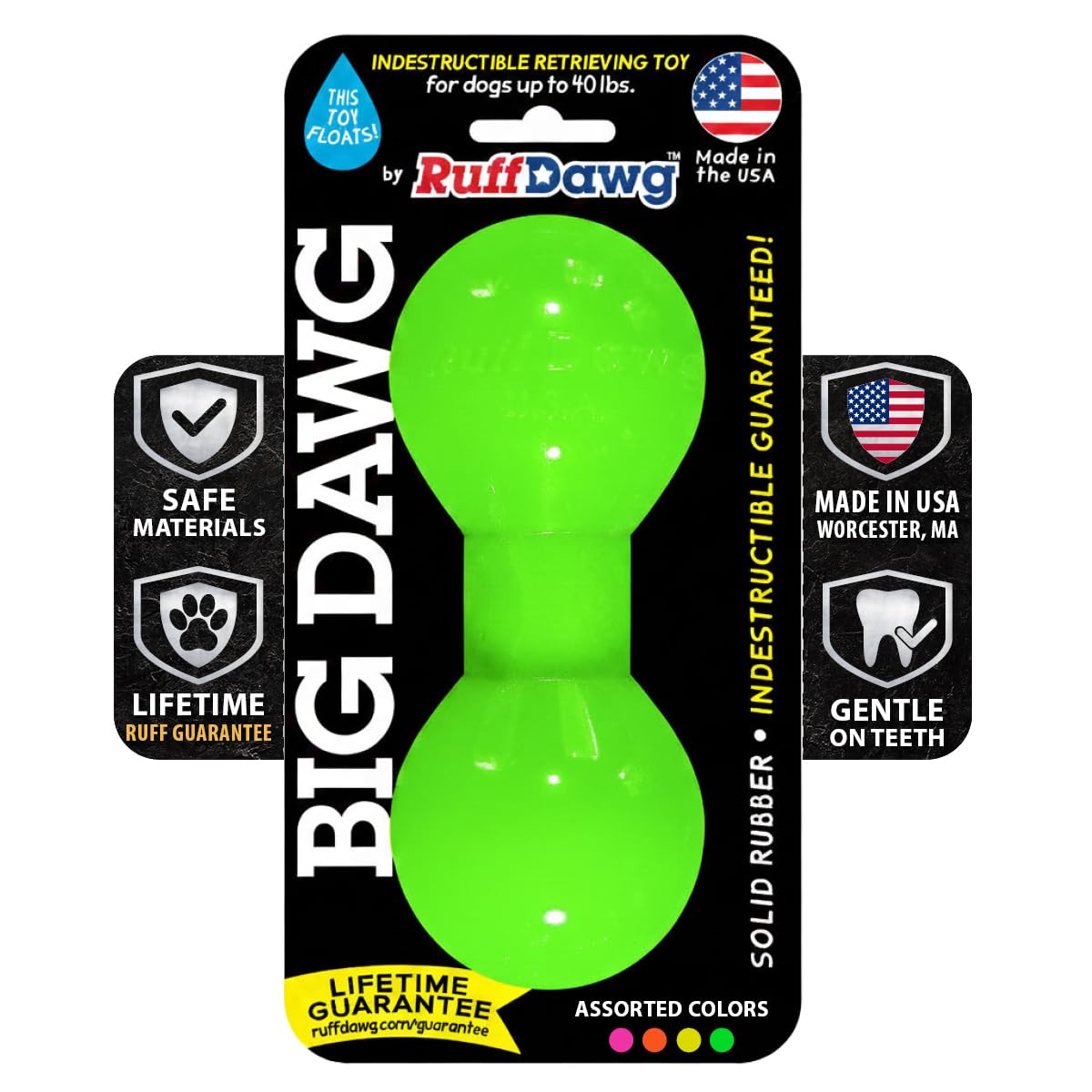 Ruff Dawg Big Dawg - Heavy-Duty Dog Toy for Tough Chewers - Made in The USA - Assorted Neon Colors for Active Play - Floats for Water Adventures
