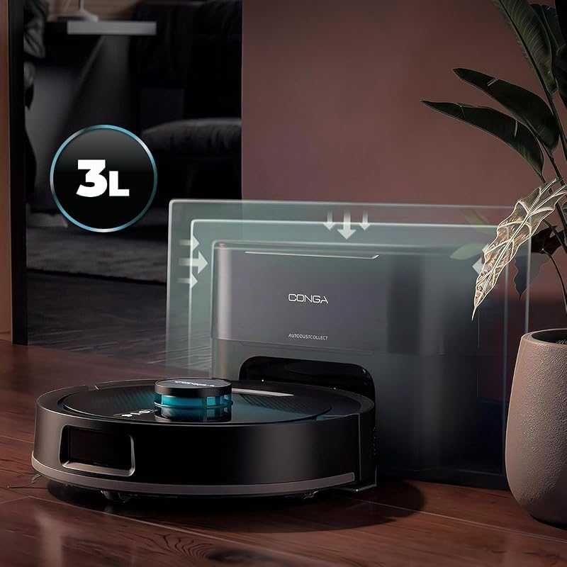 Robot Aspirapolvere e Lavapavimenti Base Autosvuotamento Conga Y80 Dark. Navigazione Laser, 25000 Pa, Auton. 240min, Spazzola Silicone Pet, Sacco 3L, Bluetooth WiFi, App per Casa Sempre Pulita
