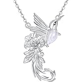 Genuine Rainbow Moonstone Hummingbird Flower Pendant Necklace 925 Sterling Silver Animal Tail Natural Gemstone June Birthstone Jewelry for Women Bird lover