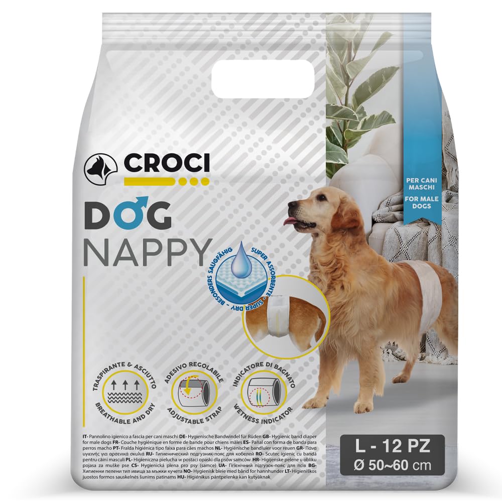 Croci Dog Nappy - Male Dog Diapers - Dog Underpants for Pee - Hygiene Wrap Diaper for Male Dogs, Anti-odour, Disposable, 12 Pieces, Size L, 50-60 cm