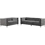 Morden Fort Grey Living Room Set, Tufted Velvet Upholstered Couches for Living Room, 2 Pieces of Loveseat and Sofa with Butto