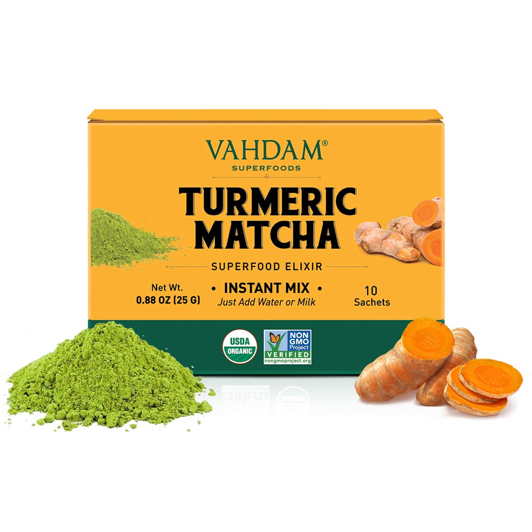 VAHDAMTurmeric Matcha Instant Elixir Instant Mix (10 Serves/1.8oz) Turmeric with Pure Matcha Ground Green Tea Powder | Resealable Ziplock Pouch