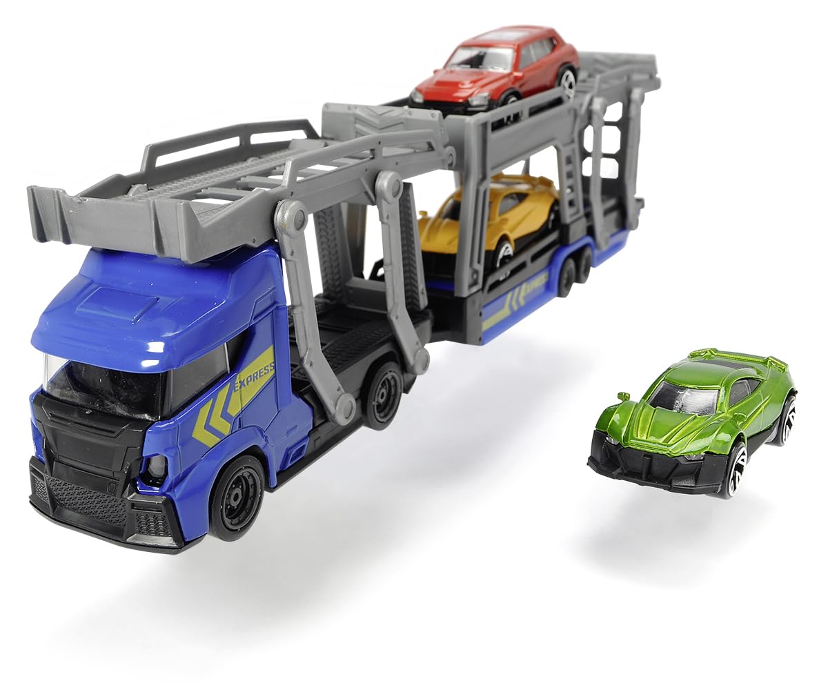 Majorette Car Carrier 2-asst - Free-wheeling car transporter with three die-cast toy cars - included in the set. - 28cm long — image 1